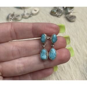 Native American Sterling White Water Turquoise Double Stone Dangle Post Earrings